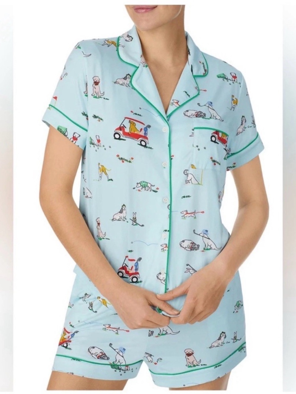 kate spade Light Blue Dog Print Short Pajama Set with Green Piping